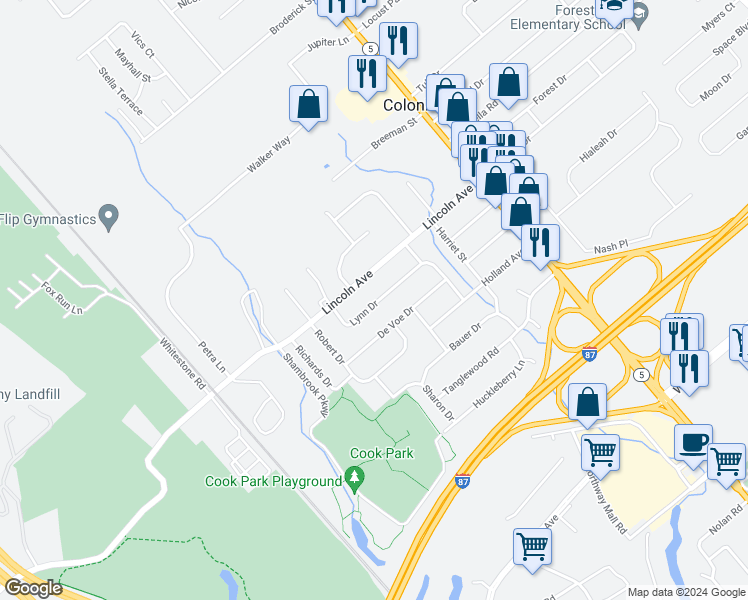 map of restaurants, bars, coffee shops, grocery stores, and more near 16 De Voe Drive in Colonie