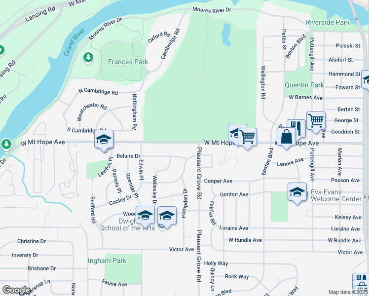 map of restaurants, bars, coffee shops, grocery stores, and more near 2000 Hampden Drive in Lansing