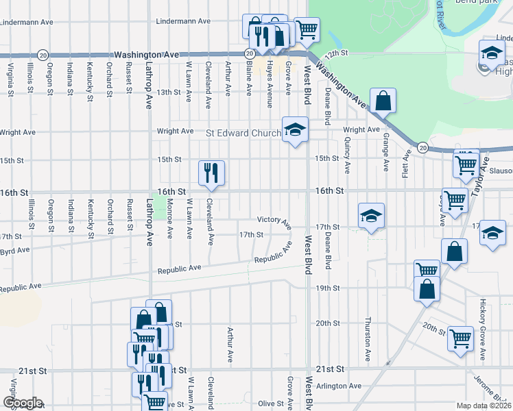map of restaurants, bars, coffee shops, grocery stores, and more near 3309 Victory Avenue in Racine