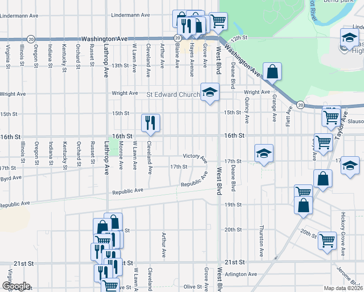 map of restaurants, bars, coffee shops, grocery stores, and more near 3309 Victory Avenue in Racine