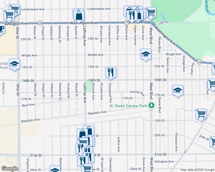 map of restaurants, bars, coffee shops, grocery stores, and more near 3537 Victory Avenue in Racine