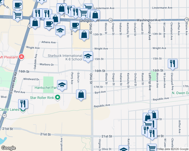 map of restaurants, bars, coffee shops, grocery stores, and more near 4618 Victory Avenue in Racine