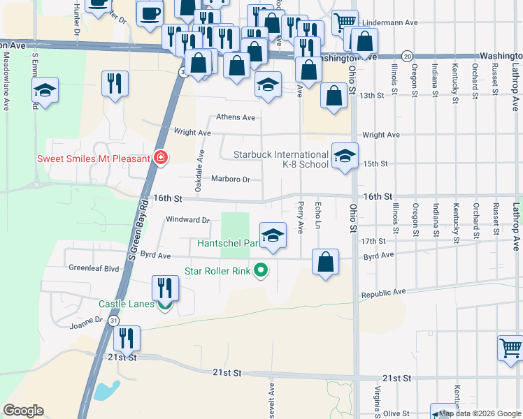 map of restaurants, bars, coffee shops, grocery stores, and more near 5120 Byrd Avenue in Racine
