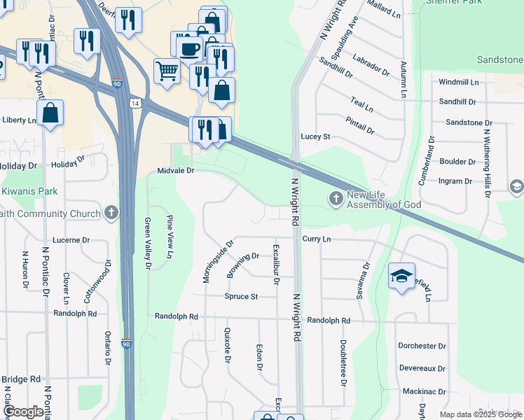 map of restaurants, bars, coffee shops, grocery stores, and more near 3440 Midvale Drive in Janesville