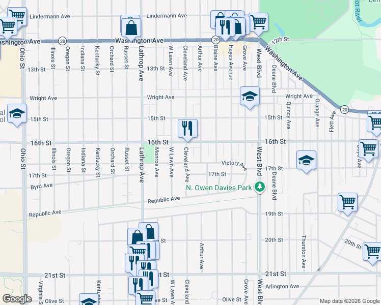 map of restaurants, bars, coffee shops, grocery stores, and more near 3537 Victory Avenue in Racine
