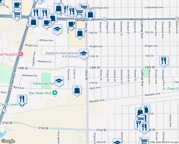 map of restaurants, bars, coffee shops, grocery stores, and more near 4618 Victory Avenue in Racine