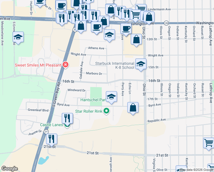 map of restaurants, bars, coffee shops, grocery stores, and more near 5120 Byrd Avenue in Racine