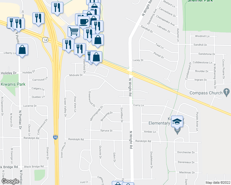 map of restaurants, bars, coffee shops, grocery stores, and more near 3444 Midvale Drive in Janesville