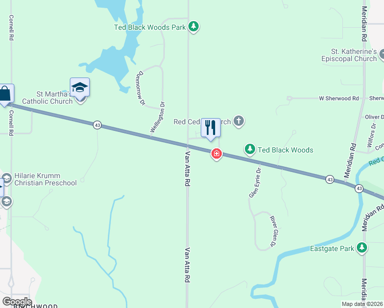 map of restaurants, bars, coffee shops, grocery stores, and more near 4450 Van Atta Road in Meridian charter Township