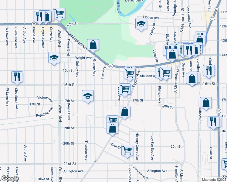 map of restaurants, bars, coffee shops, grocery stores, and more near 1649 Holmes Avenue in Racine