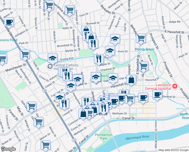 map of restaurants, bars, coffee shops, grocery stores, and more near 255 Amesbury Street in Lawrence