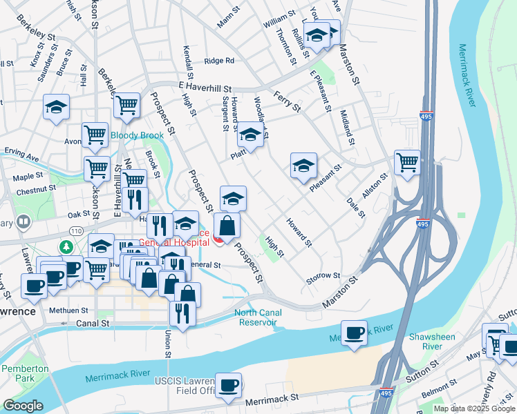 map of restaurants, bars, coffee shops, grocery stores, and more near 354 Howard Street in Lawrence