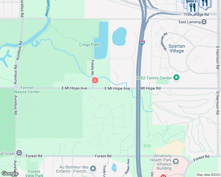 map of restaurants, bars, coffee shops, grocery stores, and more near 2909 East Mount Hope Avenue in Lansing