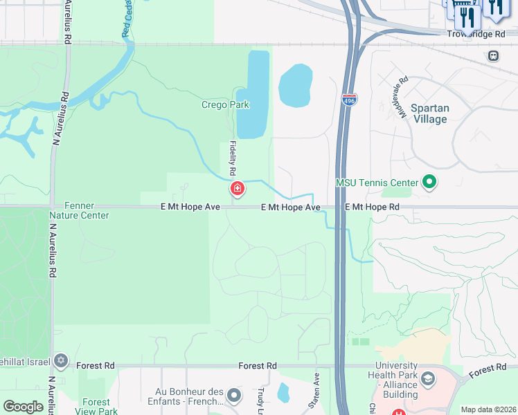 map of restaurants, bars, coffee shops, grocery stores, and more near 2950 East Mount Hope Road in East Lansing