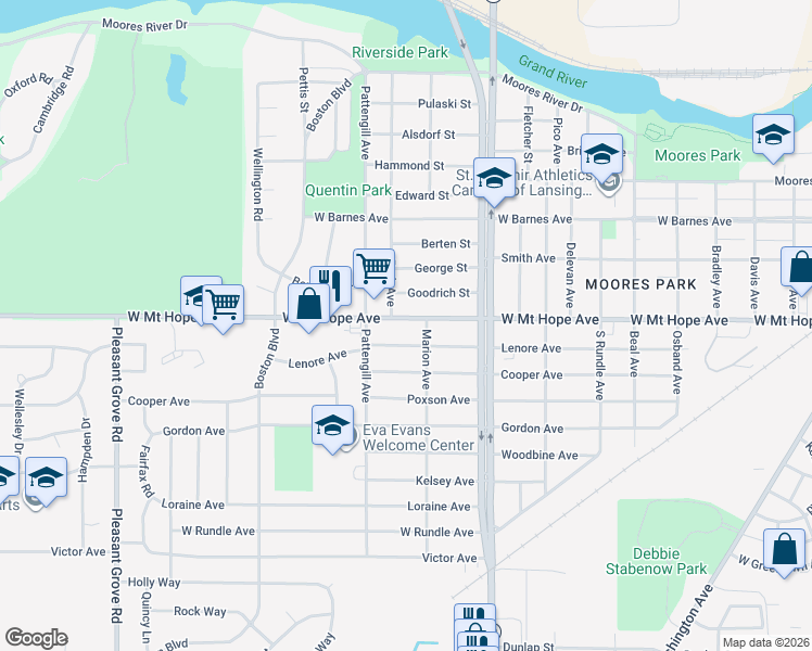 map of restaurants, bars, coffee shops, grocery stores, and more near 1830 Park Avenue in Lansing