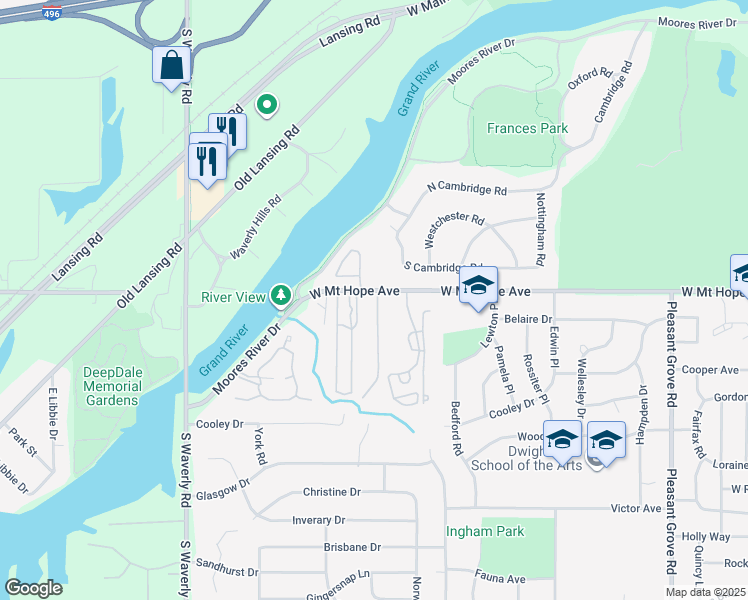 map of restaurants, bars, coffee shops, grocery stores, and more near 3333 Moores River Drive in Lansing