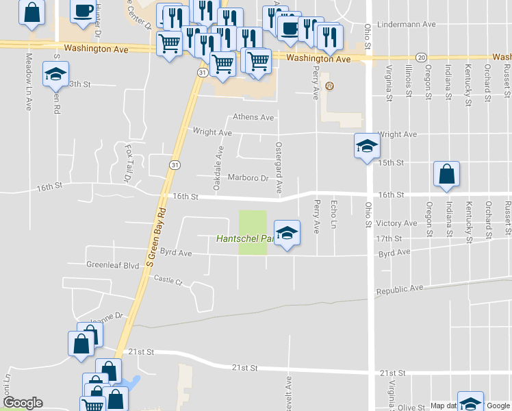 map of restaurants, bars, coffee shops, grocery stores, and more near 5300 16th Street in Racine