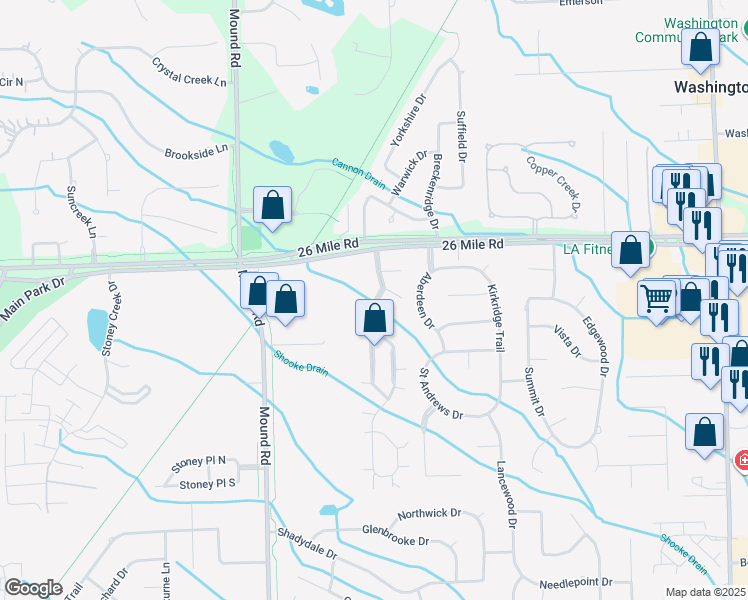 map of restaurants, bars, coffee shops, grocery stores, and more near 56751 Scotland Boulevard in Utica
