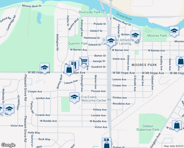 map of restaurants, bars, coffee shops, grocery stores, and more near 1313 West Mount Hope Avenue in Lansing