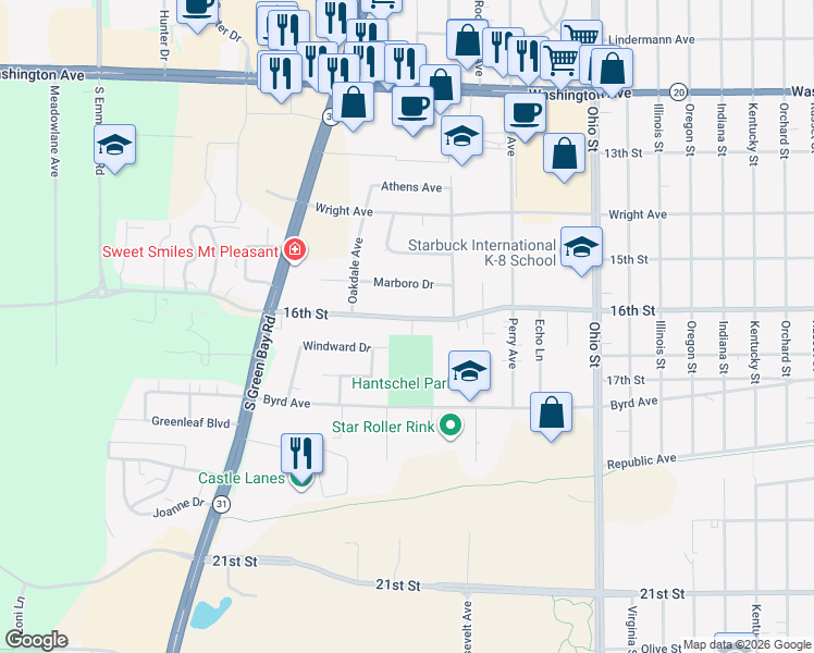map of restaurants, bars, coffee shops, grocery stores, and more near 5300 16th Street in Racine
