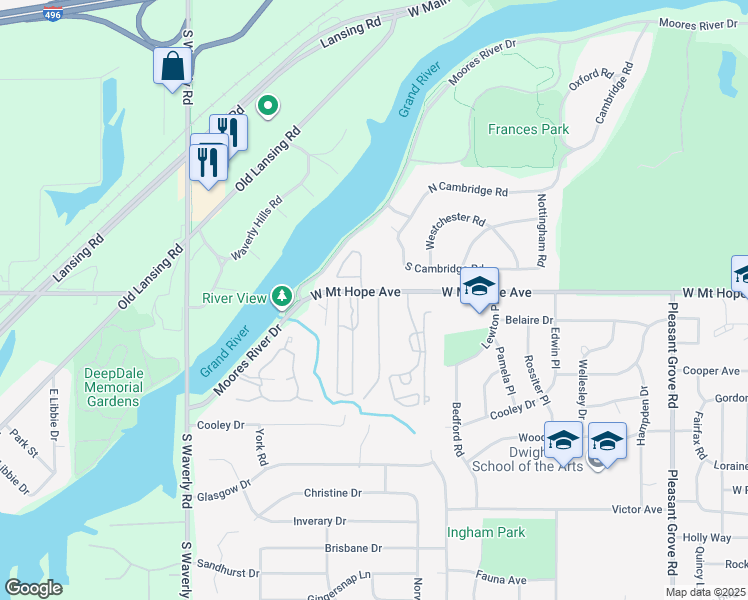 map of restaurants, bars, coffee shops, grocery stores, and more near 3313 West Mount Hope Avenue in Lansing