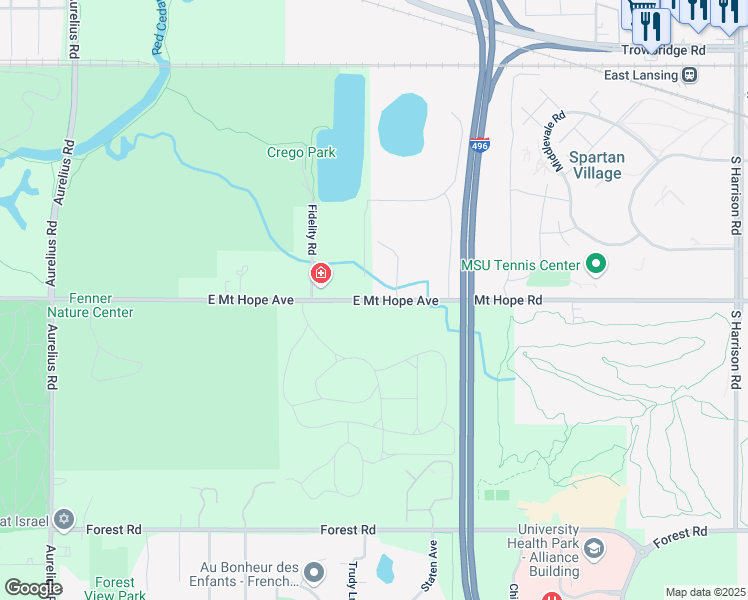 map of restaurants, bars, coffee shops, grocery stores, and more near 2909 East Mount Hope Avenue in Lansing
