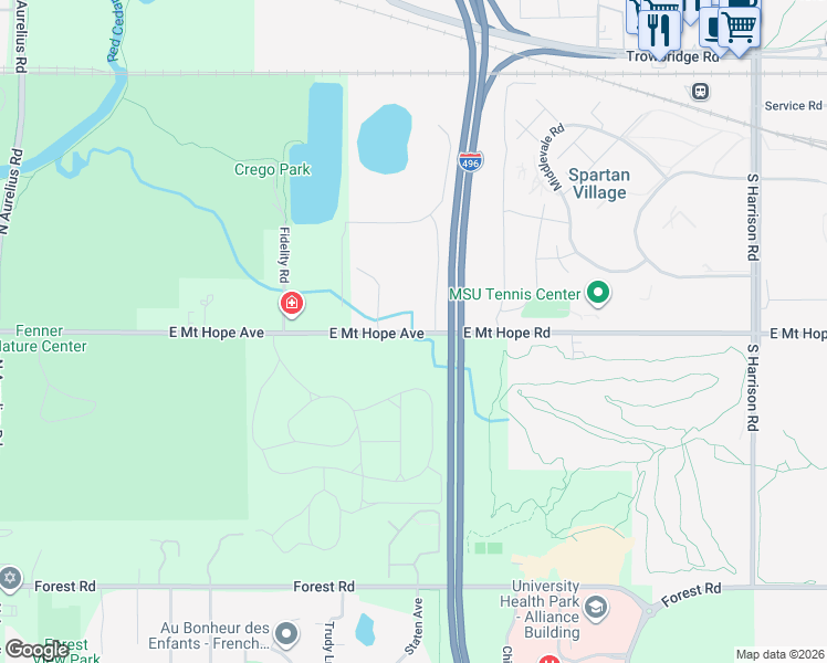 map of restaurants, bars, coffee shops, grocery stores, and more near 1780 Keith Drive in Lansing