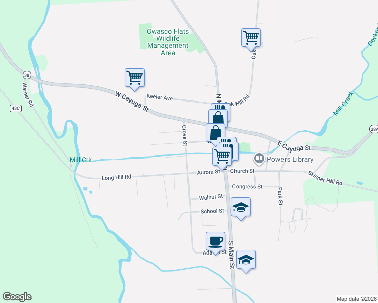 map of restaurants, bars, coffee shops, grocery stores, and more near 25 Grove Street in Moravia