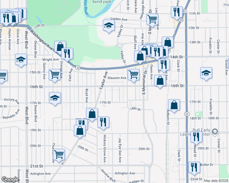 map of restaurants, bars, coffee shops, grocery stores, and more near 2018 16th Street in Racine