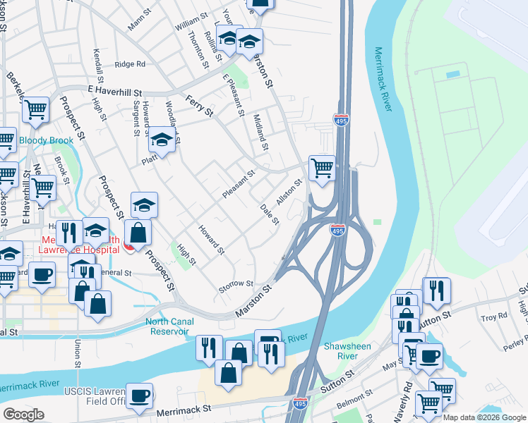 map of restaurants, bars, coffee shops, grocery stores, and more near 18 Sherman Street in Lawrence
