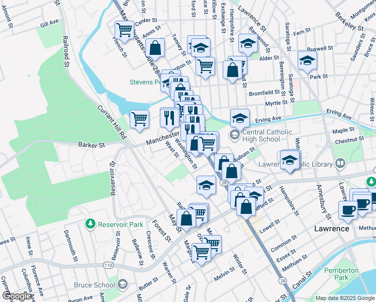 map of restaurants, bars, coffee shops, grocery stores, and more near 398 Broadway in Lawrence