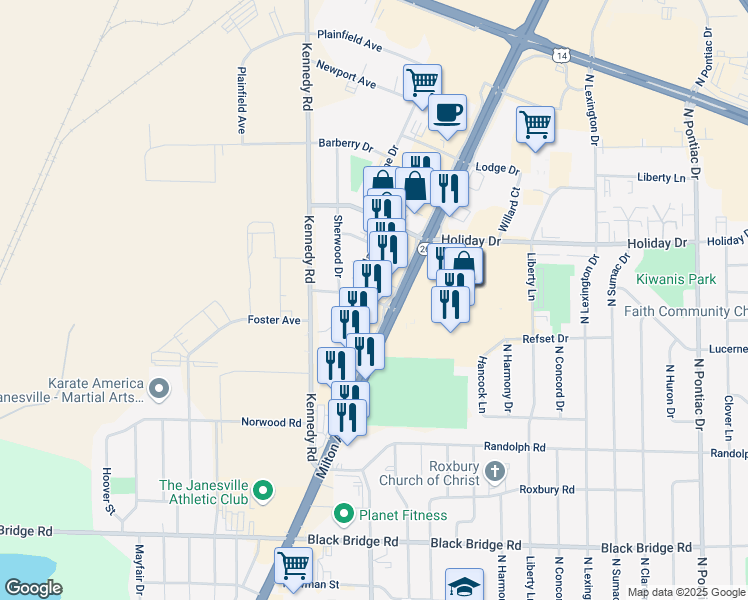 map of restaurants, bars, coffee shops, grocery stores, and more near 2425 Milton Avenue in Janesville