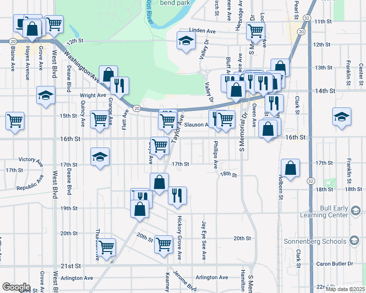 map of restaurants, bars, coffee shops, grocery stores, and more near 1617 Morton Avenue in Racine
