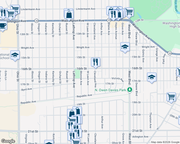 map of restaurants, bars, coffee shops, grocery stores, and more near 3624 16th Street in Racine