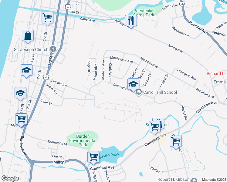 map of restaurants, bars, coffee shops, grocery stores, and more near 138-188 Delaware Avenue in Troy