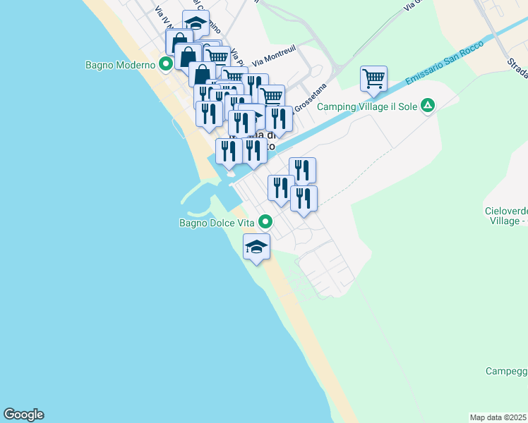 map of restaurants, bars, coffee shops, grocery stores, and more near 33 Via Giuseppe Parini in Marina di Grosseto