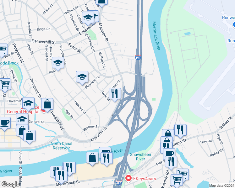 map of restaurants, bars, coffee shops, grocery stores, and more near 112 Marston Street in Lawrence