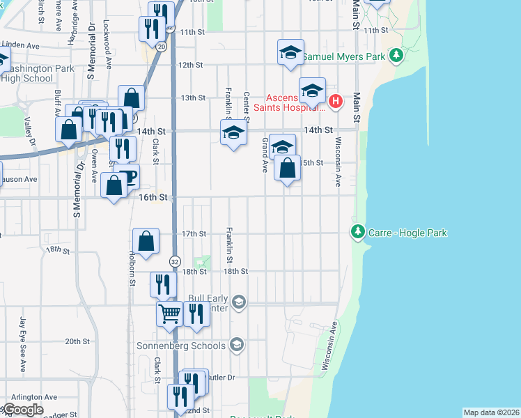 map of restaurants, bars, coffee shops, grocery stores, and more near 711 16th Street in Racine