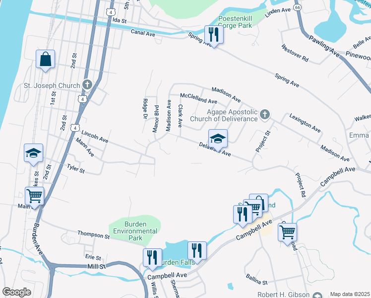 map of restaurants, bars, coffee shops, grocery stores, and more near 182 Delaware Avenue in Troy
