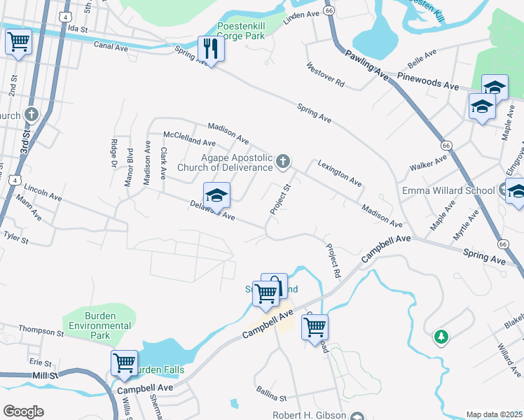 map of restaurants, bars, coffee shops, grocery stores, and more near 24 Carroll Place in Troy