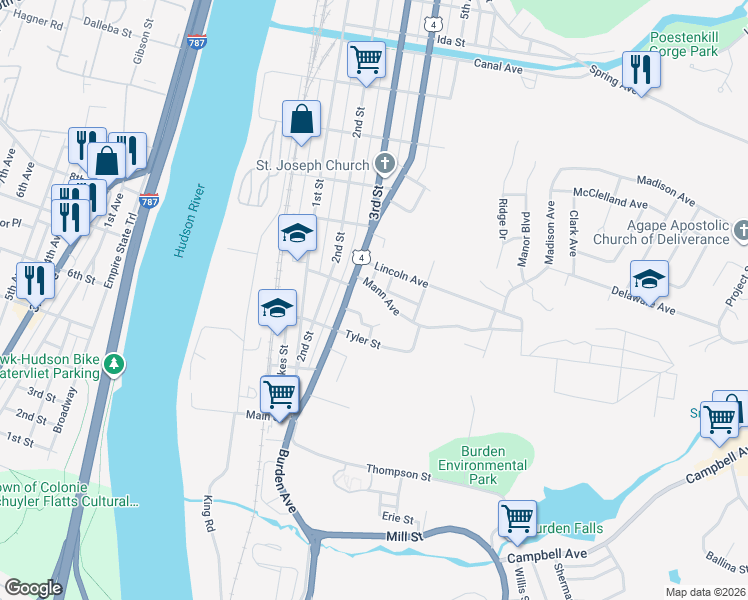 map of restaurants, bars, coffee shops, grocery stores, and more near 14 Mann Avenue in Troy