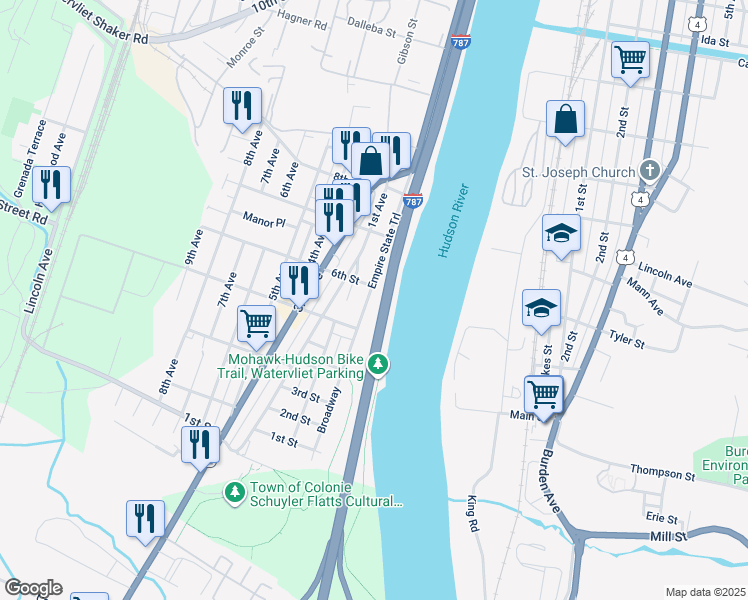 map of restaurants, bars, coffee shops, grocery stores, and more near 599 Broadway in Watervliet