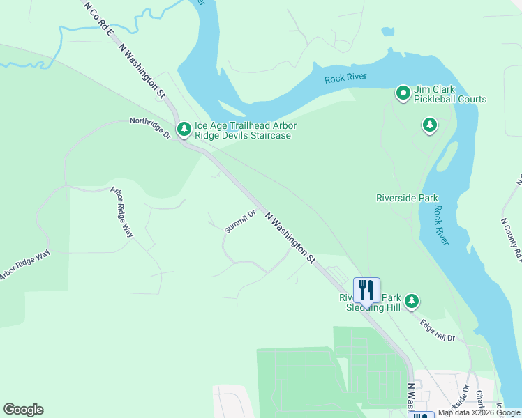 map of restaurants, bars, coffee shops, grocery stores, and more near 2365 North Co Road East in Janesville