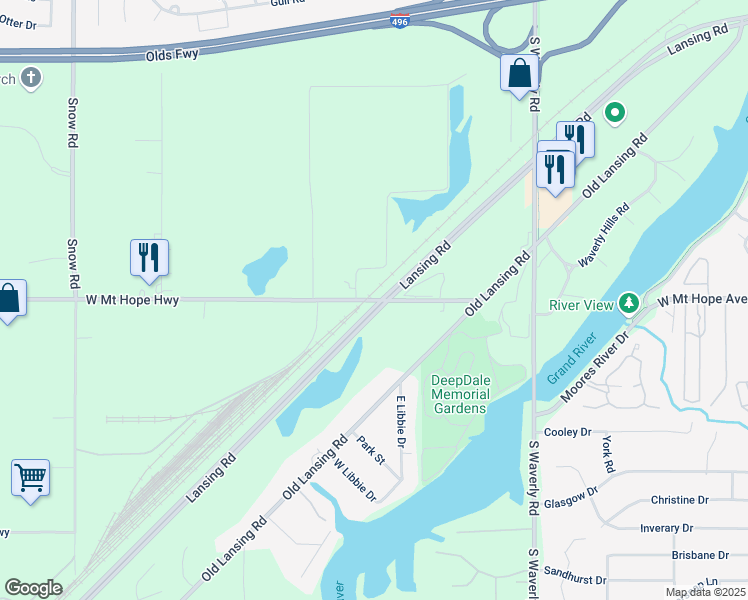 map of restaurants, bars, coffee shops, grocery stores, and more near 4400 West Mount Hope Highway in Lansing