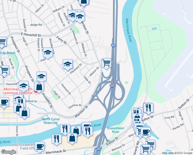map of restaurants, bars, coffee shops, grocery stores, and more near 112 Marston Street in Lawrence