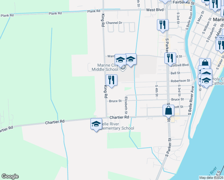 map of restaurants, bars, coffee shops, grocery stores, and more near 6385 King Road in Marine City