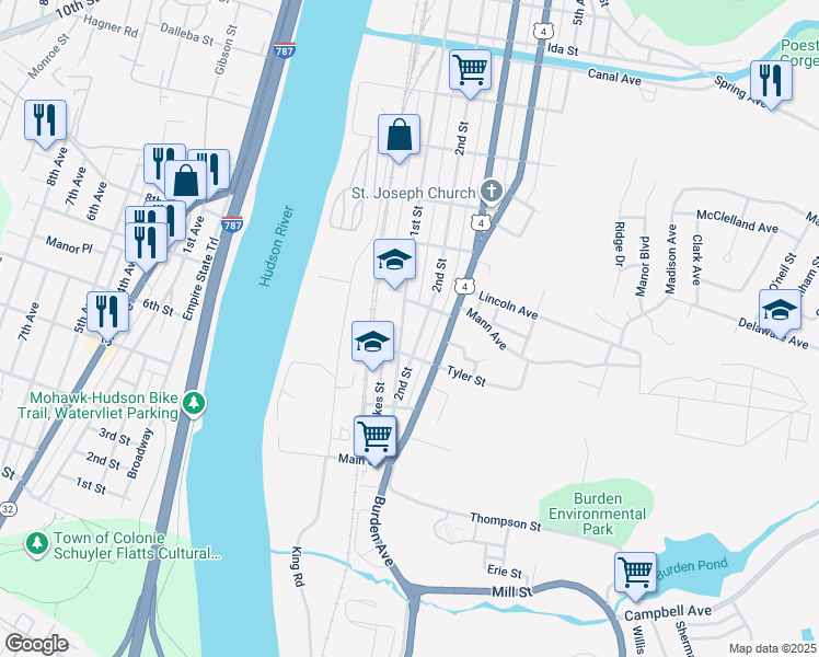 map of restaurants, bars, coffee shops, grocery stores, and more near 470 1st Street in Troy