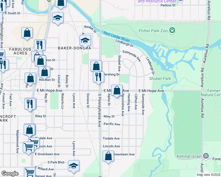 map of restaurants, bars, coffee shops, grocery stores, and more near 1812 Alpha Street in Lansing