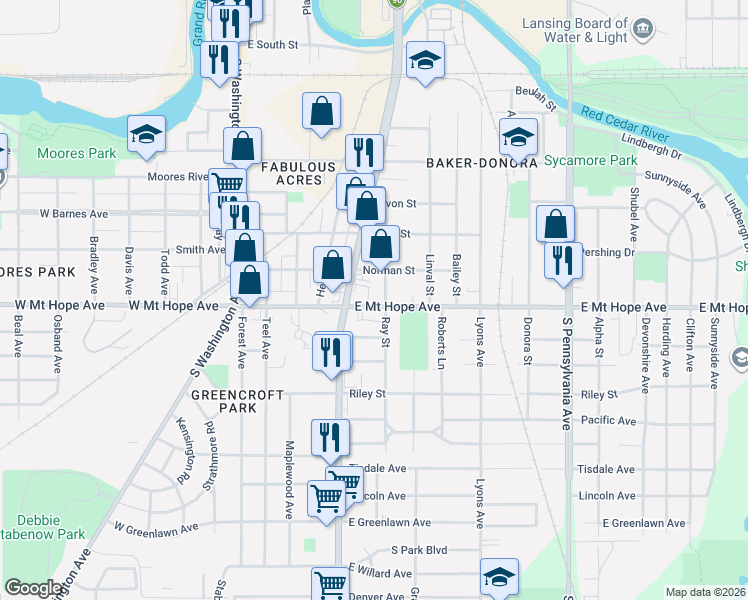 map of restaurants, bars, coffee shops, grocery stores, and more near 1814 Ray Street in Lansing