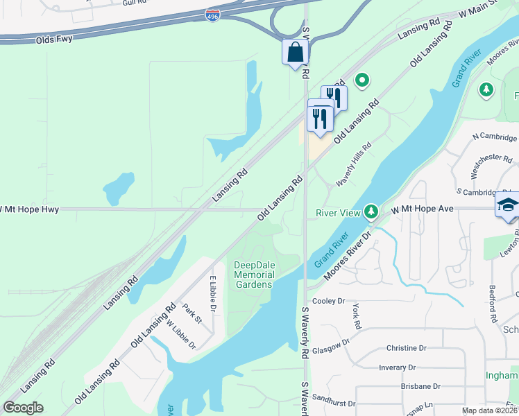 map of restaurants, bars, coffee shops, grocery stores, and more near 4100 Old Lansing Road in Lansing